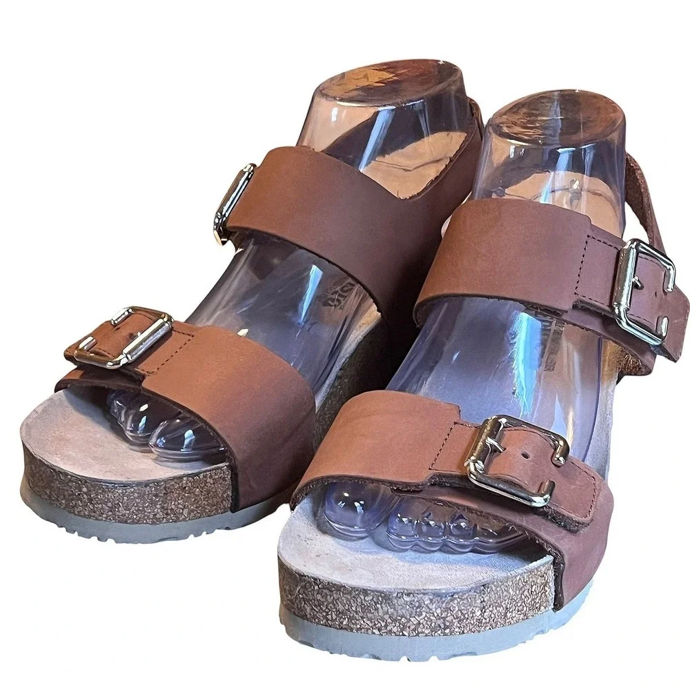 Mephisto Air-Relax Brown Leather Cork Wedge Buckle Sandals EU 41 Portugal *FLAW* - Picture 1 of 16